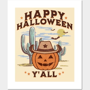 Western Halloween Happy Halloween Y'all Jack O Lantern Retro Pumpkin Posters and Art